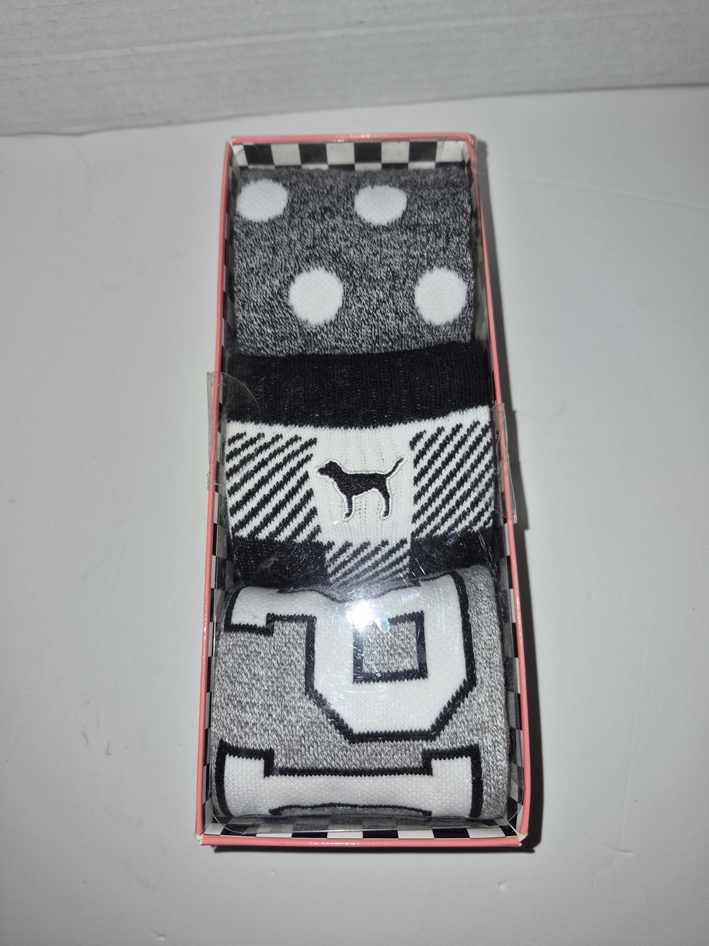 PINK Victoria's Secret Women's Black & White Knee High Patterned Socks 3 Pack